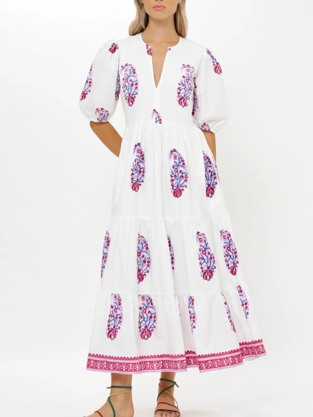 Oliphant Verna White Puff Sleeve Maxi Dress with Pink & Blue Print - Sz XS